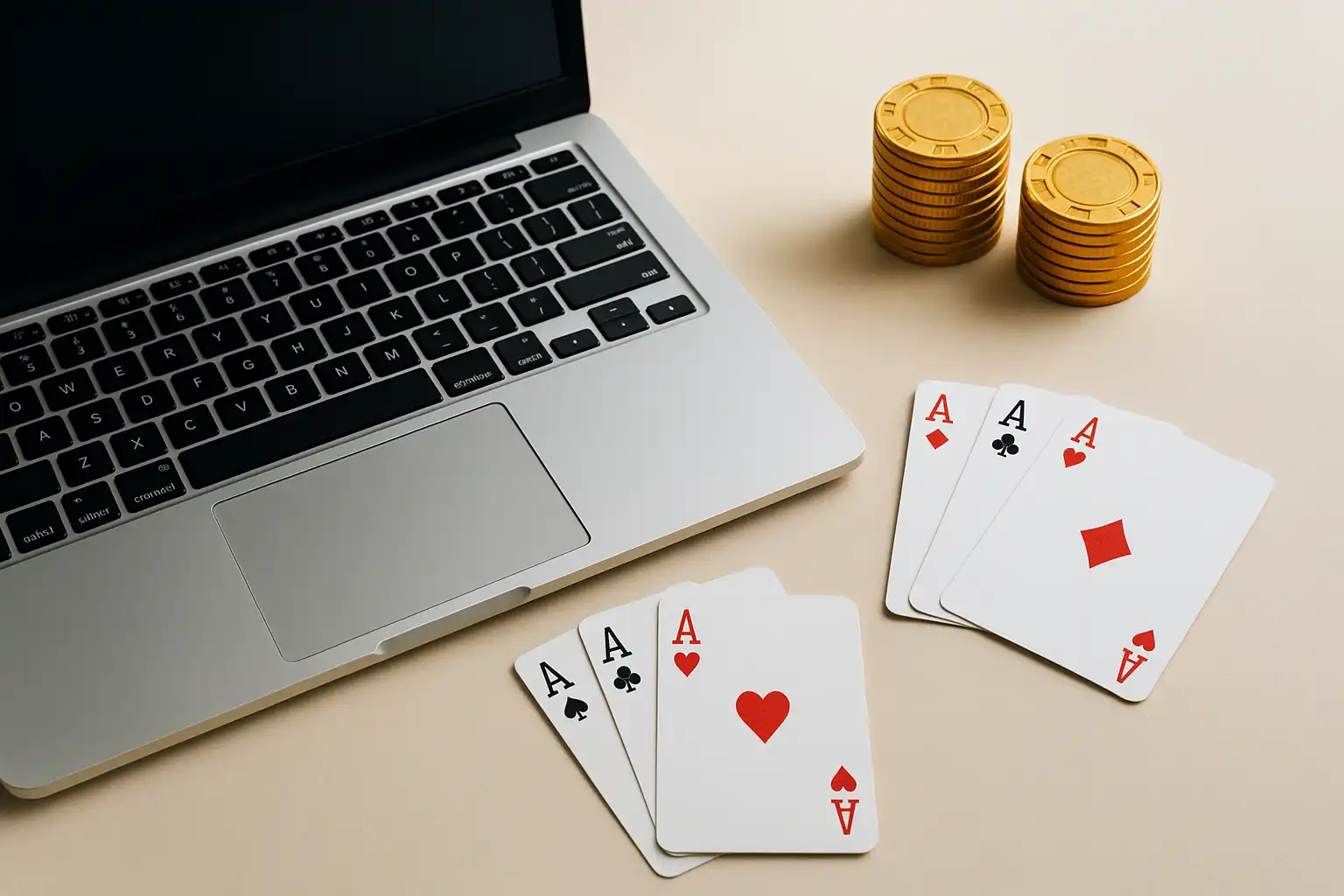Reviewer's desk with a laptop, cards and gold chips representing the Bigdrago Casino review